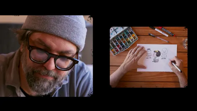 El dibujante Ricardo Siri 'Liniers' dibujando a Mafalda en la serie documental.