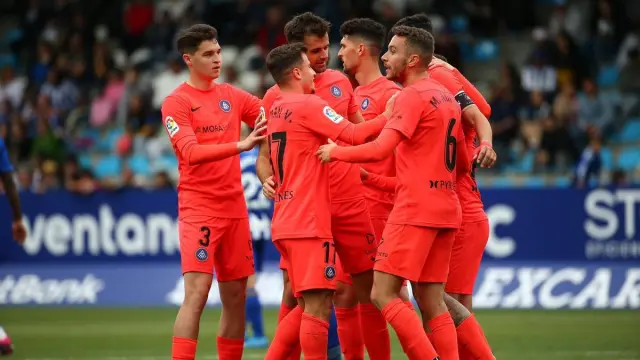 Aguado y Valera celebran un gol de la pasada campaña del FC Andorra.