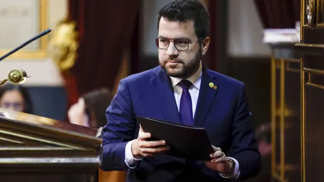 El presidente de la Genaralitat, Pere Aragonés tras intervenir en la Comisión General de las Comunidades Autónomas, este jueves en la Cámara Alta.
