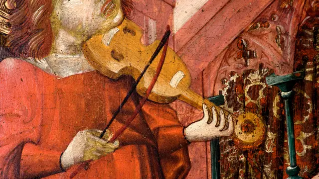 La innovadora ‘cintura aragonesa’, en una vihuela de arco del retablo 'María, reina de los Cielos', conservado en el Museo de Zaragoza.