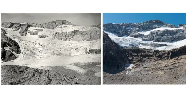 El glaciar de Monte Perdido, fotografiado a principios del XX y en 2021.