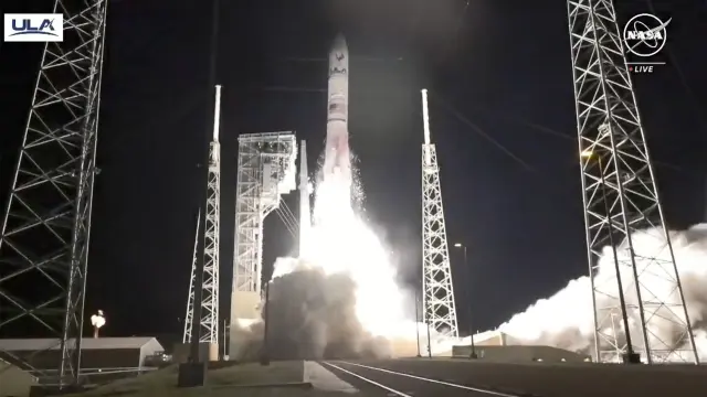 In this image made from NASA video, United Launch Alliance’s Vulcan rocket with Astrobotic Technology's lander onboard is launched from Cape Canaveral Space Force Station in Florida, Monday, Jan 8, 2024. The first U.S. lunar lander in more than 50 years rocketed toward the moon Monday, launching private companies on a space race to make deliveries for NASA and other customers.(NASA via AP)