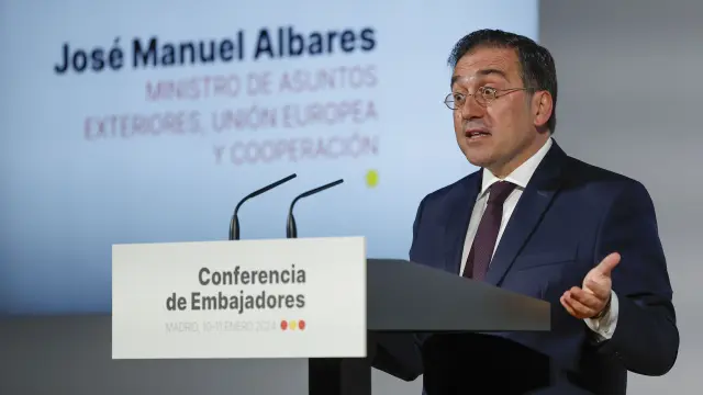 El ministro de Asuntos Exteriores, Unión Europea y Cooperación, José Manuel Albares, interviene durante la inauguración de la VIII Conferencia de Embajadores que se celebra, este miércoles, en el Ministerio de Asuntos Exteriores en Madrid