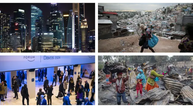 Diferencias económicas abismales. En las imágenes de la izquierda, arriba, el ‘skyline’ de Singapur, ciudad-estado con elevado nivel económico, y abajo, la cumbre de Davos, que reúne a políticos y empresarios con gran poder. A la derecha, fotografías de dos países muy pobres: Haití, en América, y Bangladesh, en Asia.