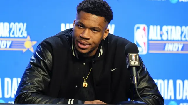 Milwaukee Bucks forward Giannis Antetokounmpo (34) answers a question during media day the NBA All-Star basketball game in Indianapolis, Saturday, Feb. 17, 2024. (AP Photo/Michael Conroy)