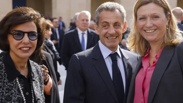 France's Minister for Culture Rachida Dati, left, former French President Nicolas Sarkozy, center, and President of the National Assembly of France Yael Braun-Pivet, right, attend a national homage ceremony to late French admiral Philippe de Gaulle and son of Charles de Gaulle, at the Invalides monument, in Paris, Wednesday, March 20, 2024. (Ludovic Marin/ Pool Photo via AP) Associated Press / LaPresse Only italy and Spain