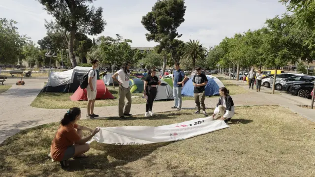 Un grupo de estudiantes prepara una pancarta junto al campamento instalado en la zona del estanque del campus de Zaragoza