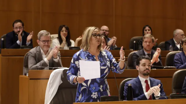 La portavoz socialista, Mayte Pérez, en su intervención de este viernes en la sesión de control parlamentario al Gobierno de Aragón.