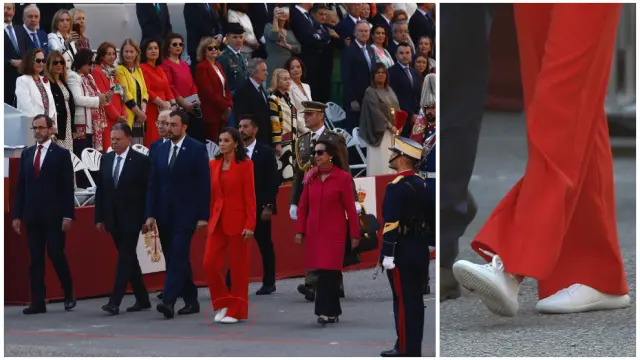 Detalle de las zapatillas blancas que ha llevado este sábado la reina Letizia en el desfile de las Fuerzas Armadas.