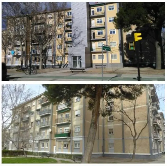Rehabilitación de viviendas con instalación de ascensor en la calle de Peña Oroel, en Zaragoza.