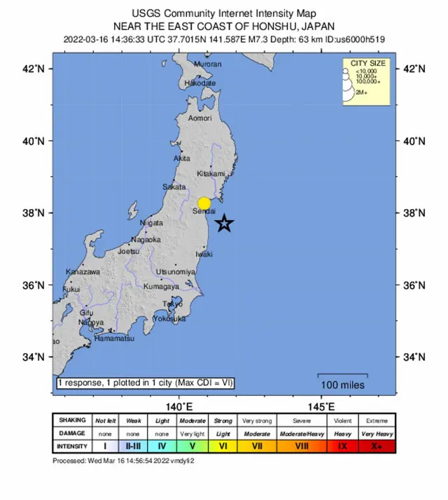 El Instituto Geológico de Estados Unidos ha situado el epicentro frente a las costas de la región de Fukushima.