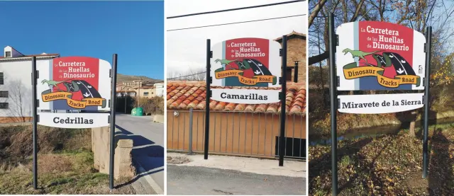 Algunas de las nuevas señales instaladas en 2022 en los municipios por los que pasa 'La Carretera de las Huellas de Dinosaurio' en Teruel.