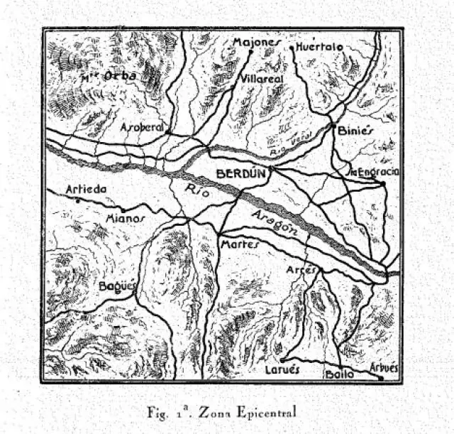 Zona epicentral del terremoto registrado en 1923, según la investigación de Rey Pastor.