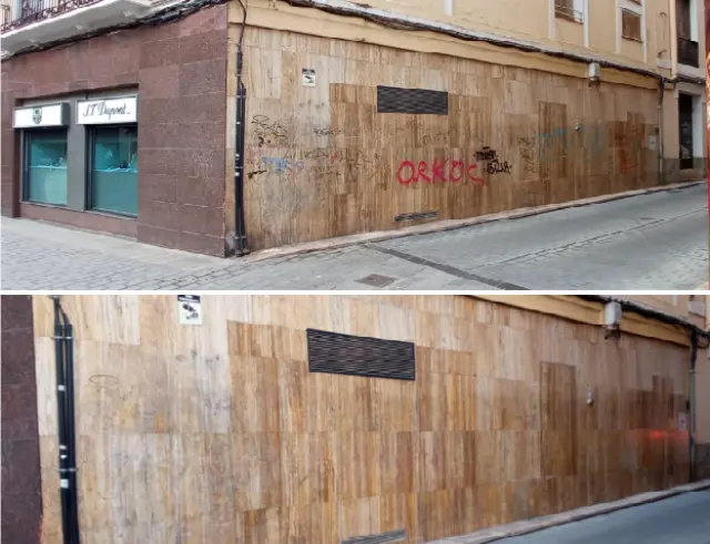 El antes y el después de la limpieza de grafitis en una fachada.