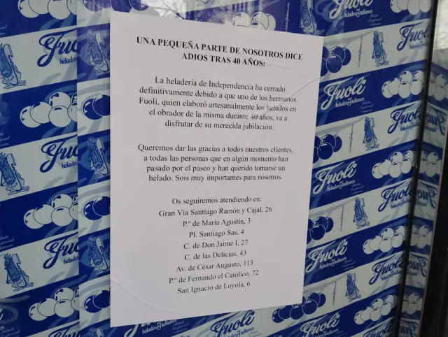 Mensaje de despedida de los Helados Italianos del paseo de la Independencia en Zaragoza.