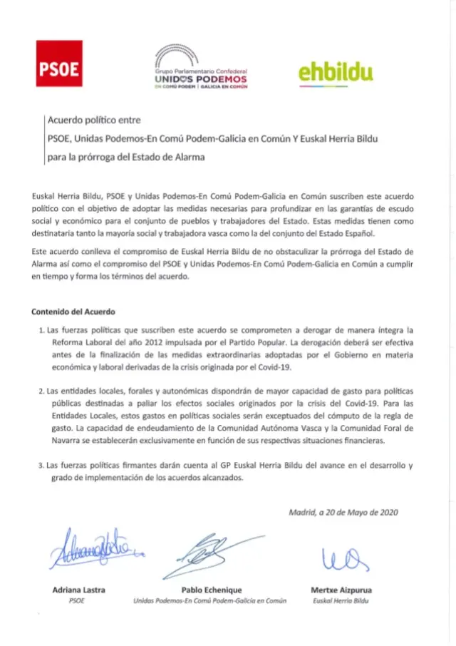 Texto del acuerdo entre el PSOE, Podemos y Bildu