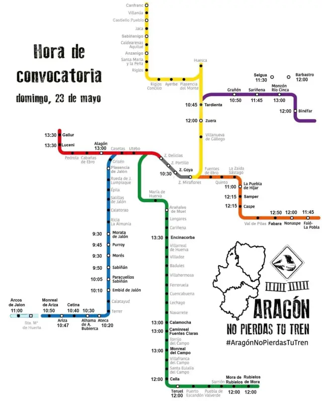 Horarios y lugares de las concentraciones convocadas en defensa del tren en Aragón.