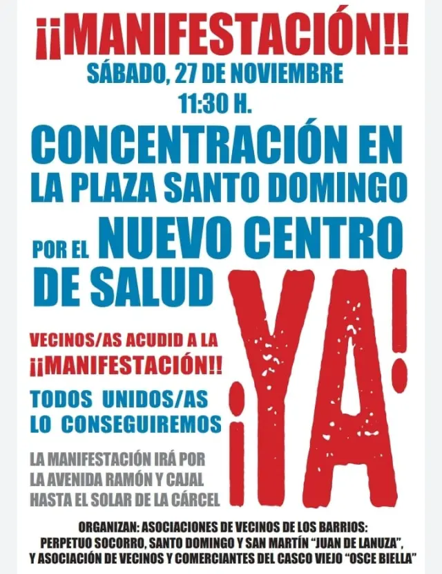 Cartel de la manifestación convocada para exigir el nuevo centro de salud del Perpetuo Socorro de Huesca.