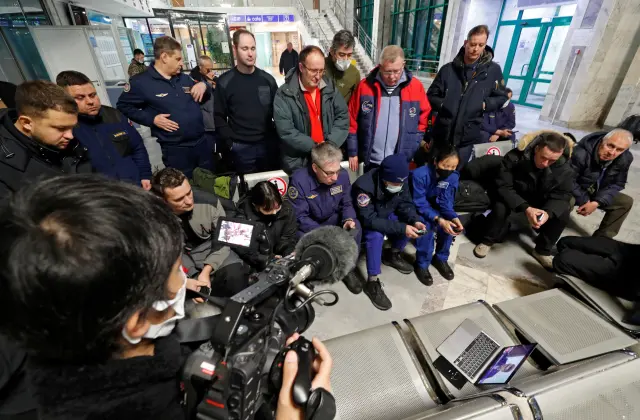 Specialists watch live broadcast of the landing of the Soyuz MS-20 space capsule with Russian-Japanese ISS crew in Zhezkazgan