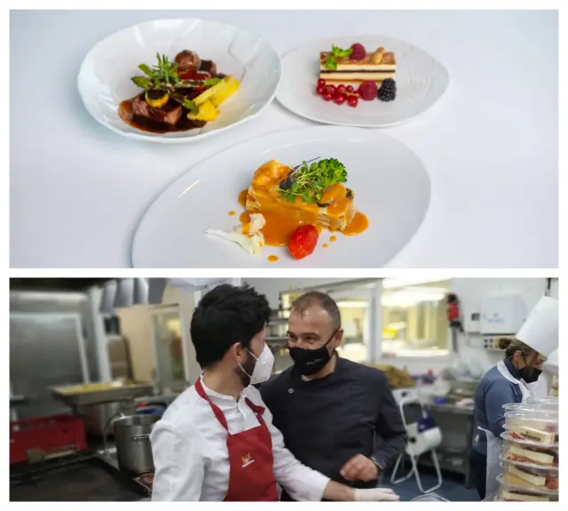 Los tres platos del menú elaborado en el complejo Aura y los cocineros Manuel Barranco y Manel García, trabajando mano a mano en el restaurante zaragozano