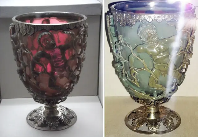 Copa de Licurgo, fabricada con un vidrio dicroico: de color rubí cuando la copa es iluminada desde atrás y verde cuando se la ilumina frontalmente.