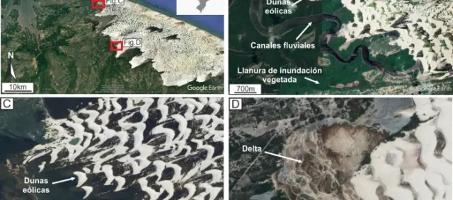 Imágenes de Google Earth del Parque Nacional de Lençois Marahensis (noreste de Brasil) donde se desarrollan dunas eólicas, canales fluviales, deltas, llanuras de inundación vegetadas y lagos someros