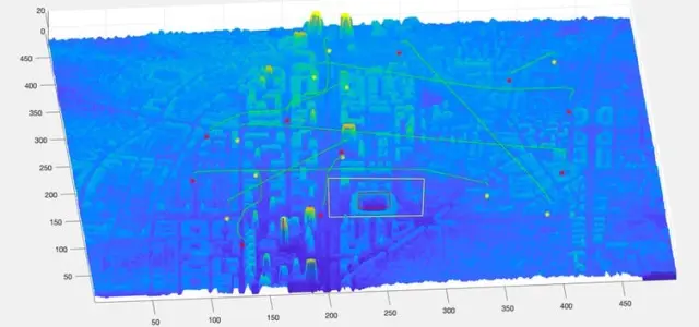 Simulación de vuelo de 10 UAV coordinados, siguiendo las rutas planificadas sobre un mapa en 3D de un entorno complejo, como una ciudad.