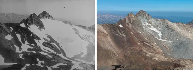 El Pic Long con y sin el glaciar de Pays Baché (125 años de diferencia).