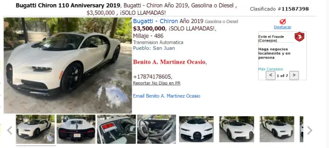 Anuncio de la venta del Bugatti de Bad Bunny en clasificadosonline.com.