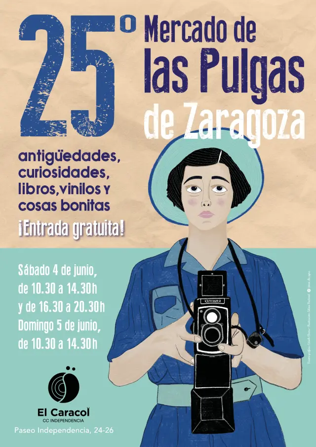 Cartel de la 25ª edición del Mercado de las Pulgas con una ilustración de Silvia Rectoret que homenajea a Vivian Maier.