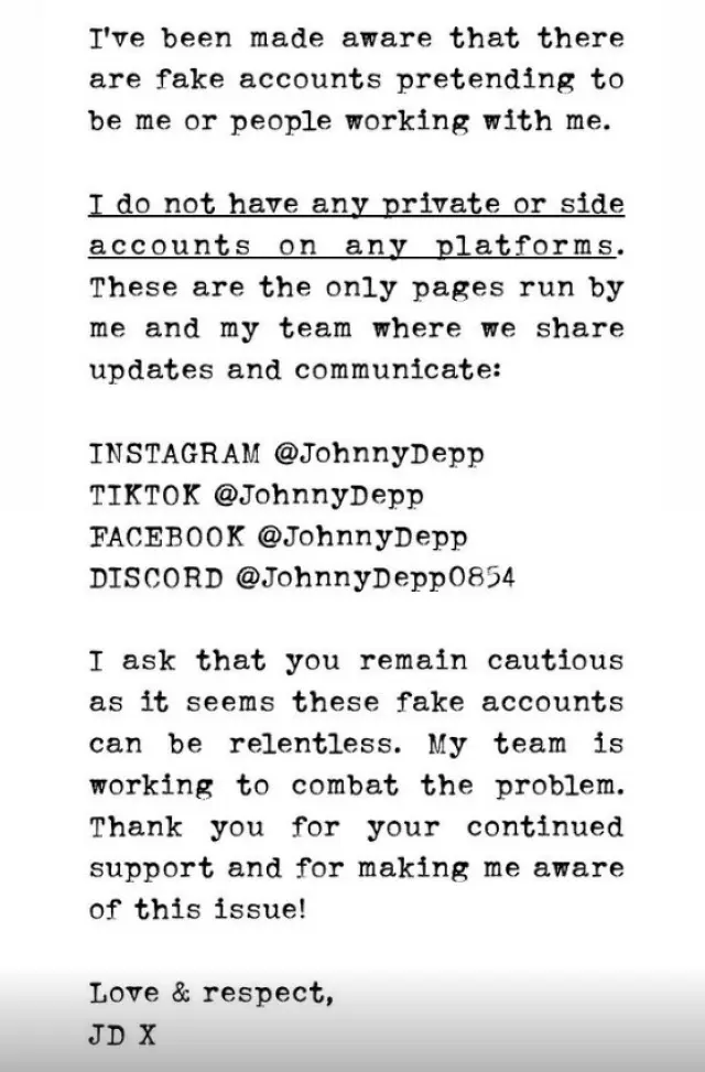 Comunicado de Johnny Depp en el que denuncia la suplantación de identidad continua.