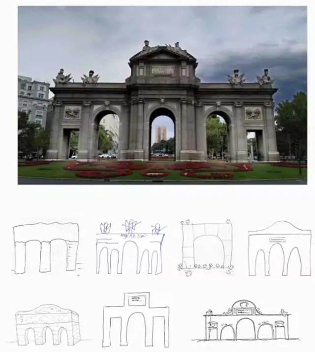 La Puerta de Alcalá de Madrid (arriba) y algunos ejemplos de los dibujos que los participantes realizaron en la investigación de Montoro y Ruiz (2022). 'Incidental visual memory and metamemory for a famous monument'