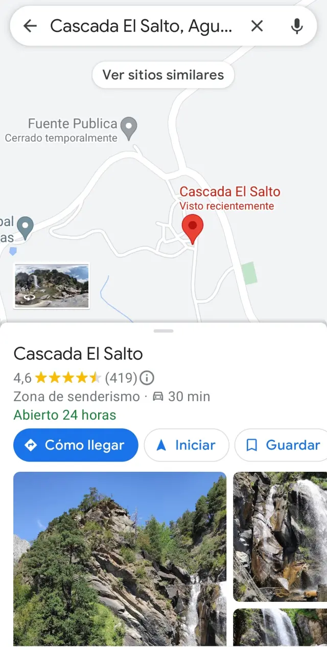 Captura de la información errónea que ofrece Google Maps de la localización de la cascada El Salto.