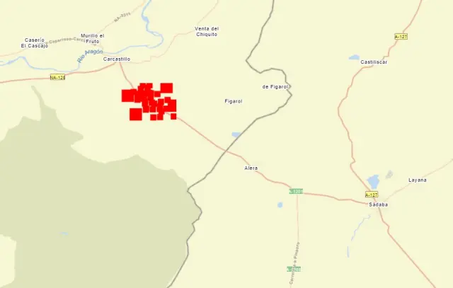 Imagen facilitada por la NASA en la que se puede ver el avance del incendio de Carcastillo y su proximidad a poblaciones de la provincia de Zaragoza