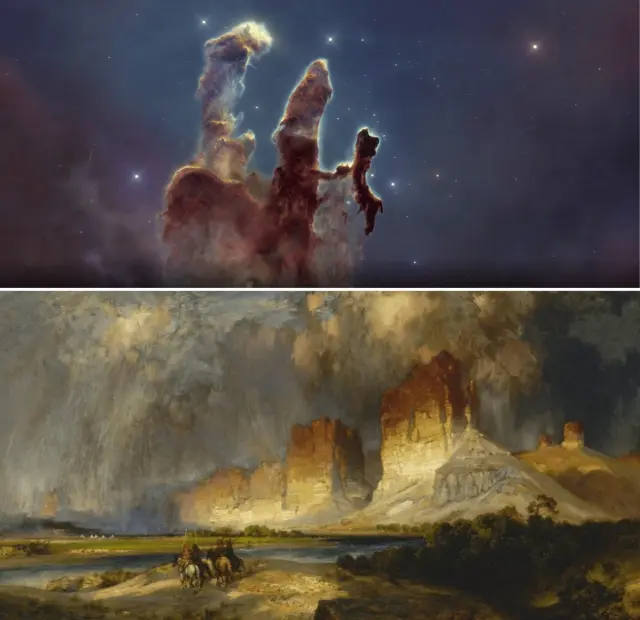 Los ‘Pilares de la Creación’, una de las más famosas imágenes tomadas por el telescopio Hubble y ‘Acantilados del río Colorado’ (1882) del artista Thomas Moran.
