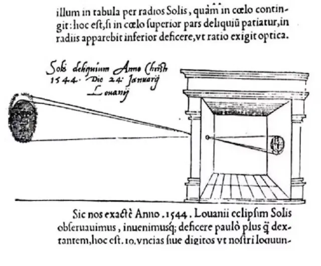 Esta es la primera representación de una cámara oscura durante la observación de un eclipse en Lovaina (Bélgica) en enero de 1544, realizada por el astrónomo Reinerus Gemma-Frisius.