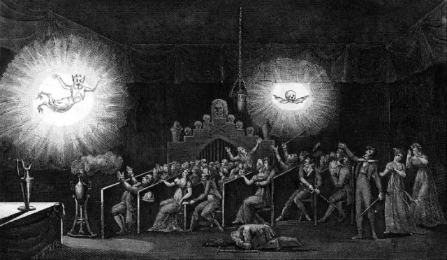 Ilustración del libro 'Memorias recreativas, científicas y anecdóticas' (1831), del físico y aeronáutico E. G. Robertson, que representa una sesión de fantasmagoría ofrecida en París en 1797.
