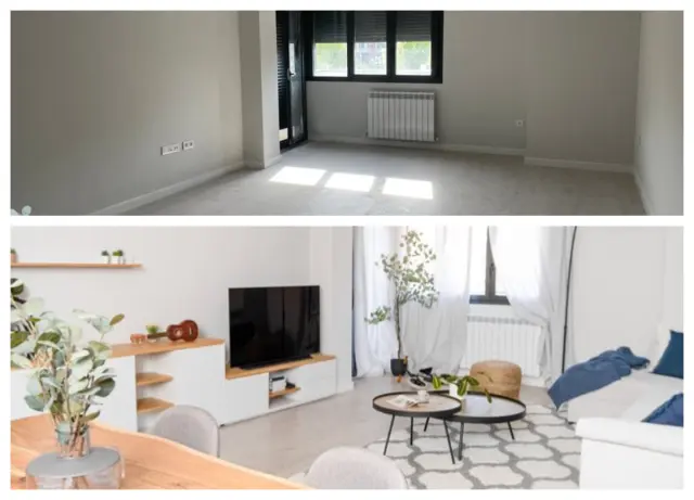 Antes y después de un salón diseñado por Diandra Arquitectura y Diseño.