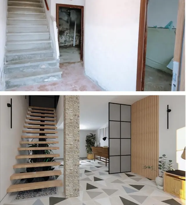 Antes y después de una entrada diseñada por Diandra Arquitectura y Diseño para una vivienda en Ontiñena.