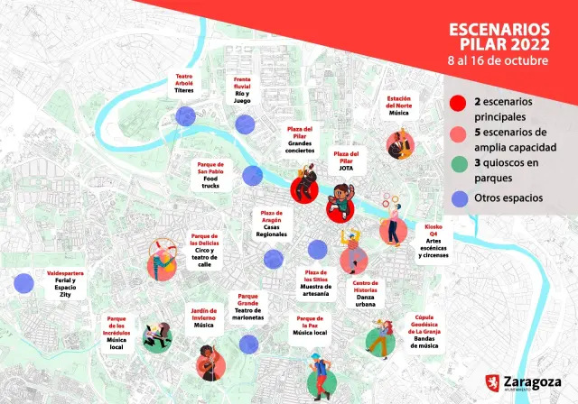 Mapa con los principales escenarios de las Fiestas del Pilar 2022