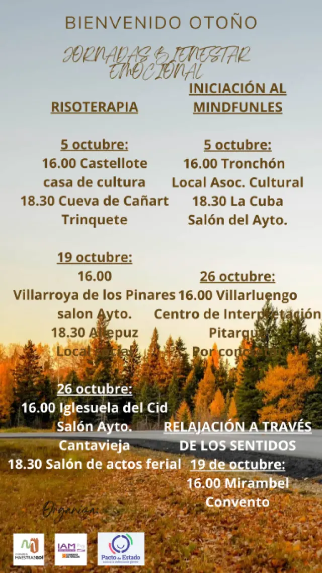 Cartel con horarios y lugares de las sesiones de bienestar emocional en la comarca del Maestrazgo.