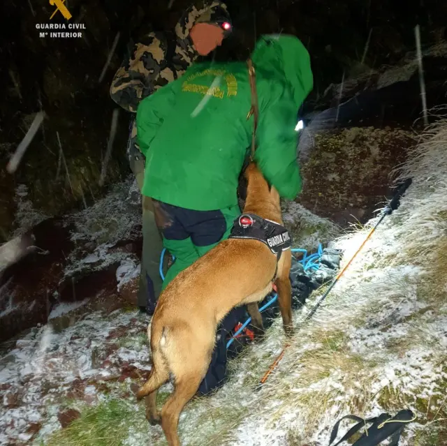 Para el rescate del cazador en Canal Roya, de noche, la Guardia Civil llevó un perro de búsqueda de personas.