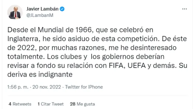 Tweet de Javier Lambán sobre el mundial de fútbol de Catar.