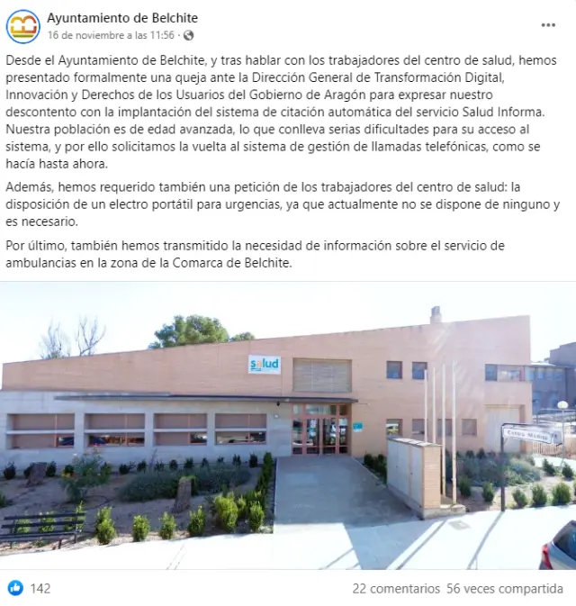 El ayuntamiento de Belchite ha publicado en sus redes sociales el malestar ocasionado por el sistema de gestión de llamadas de Salud Informa