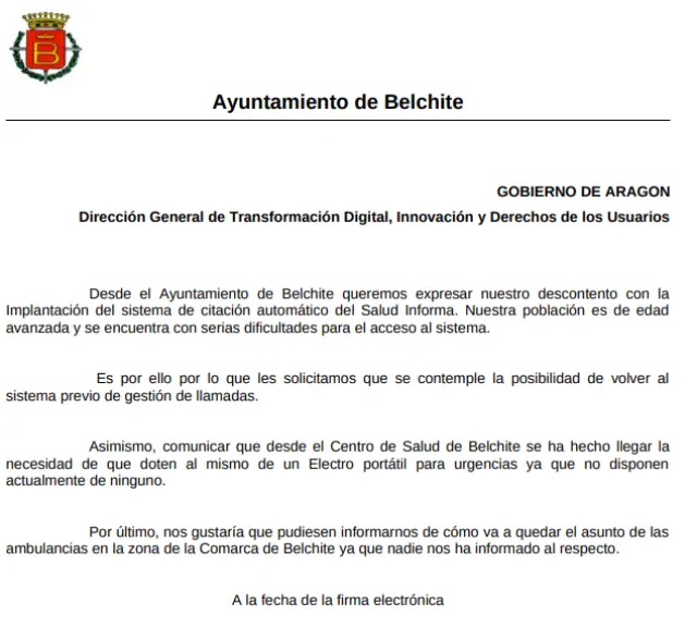 Queja presentada por el Ayuntamiento de Belchite al Gobierno de Aragón.