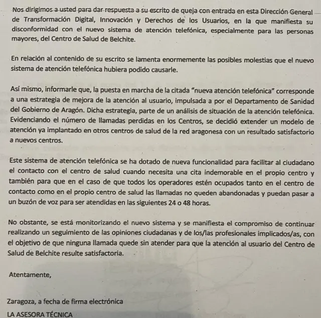 Respuesta del Gobierno de Aragón a la queja presentada por un usuario del centro de salud de Belchite.