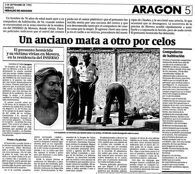 Recorte de Heraldo de Aragón del crimen de la residencia de Movera, 31 de agosto de 1995.