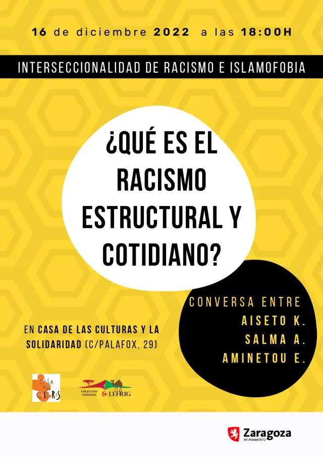 Cartel anunciador de la charla sobre racismo en la Casa de las Culturas.