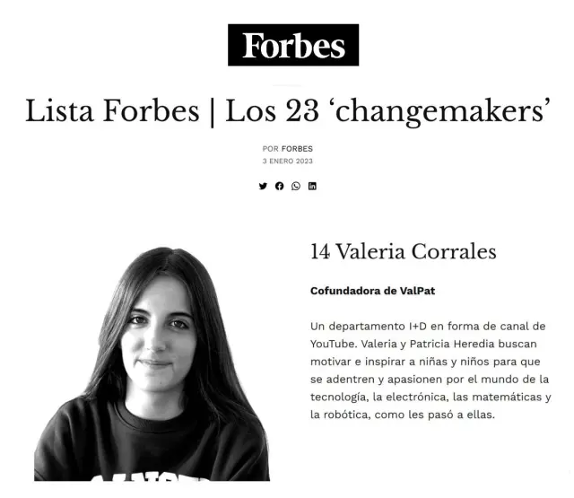 Valeria Corrales, en la lista de los 23 'changemakers' de Forbes.