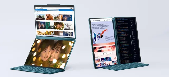 Mientras otros fabricantes apuestan por pantallas plegables, el nuevo Yoga tiene dos pantallas y un teclado a parte para montar un escritorio multipantalla allá donde vaya el usuario
